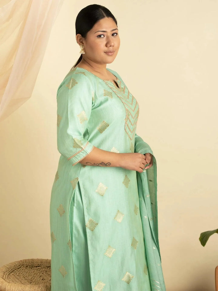 Plus Size Green Self-Design Silk Suit Set - Libas