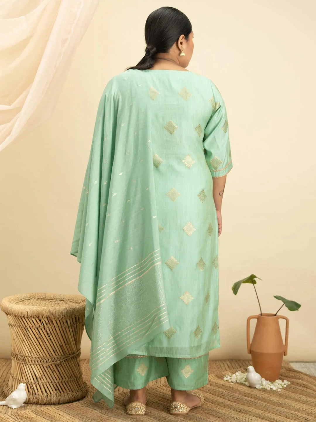 Plus Size Green Self-Design Silk Suit Set - Libas