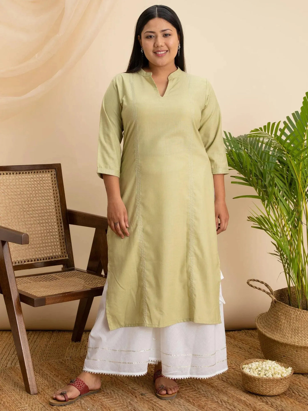 Plus Size Green Solid Cotton Kurta - Libas