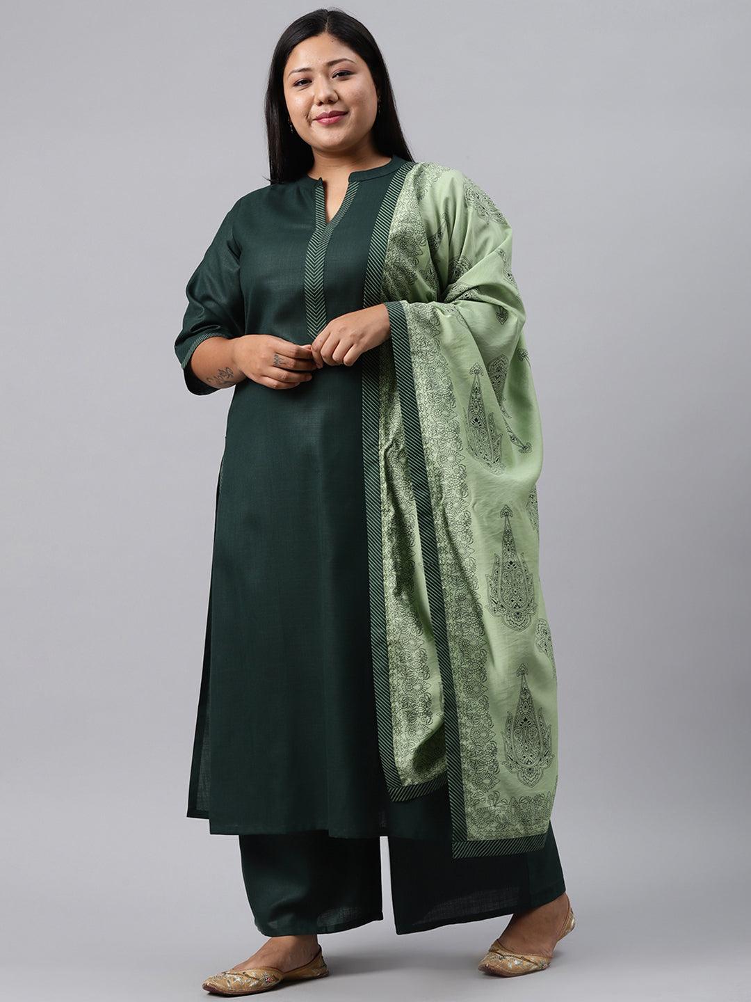 Plus Size Green Solid Cotton Suit Set - Libas