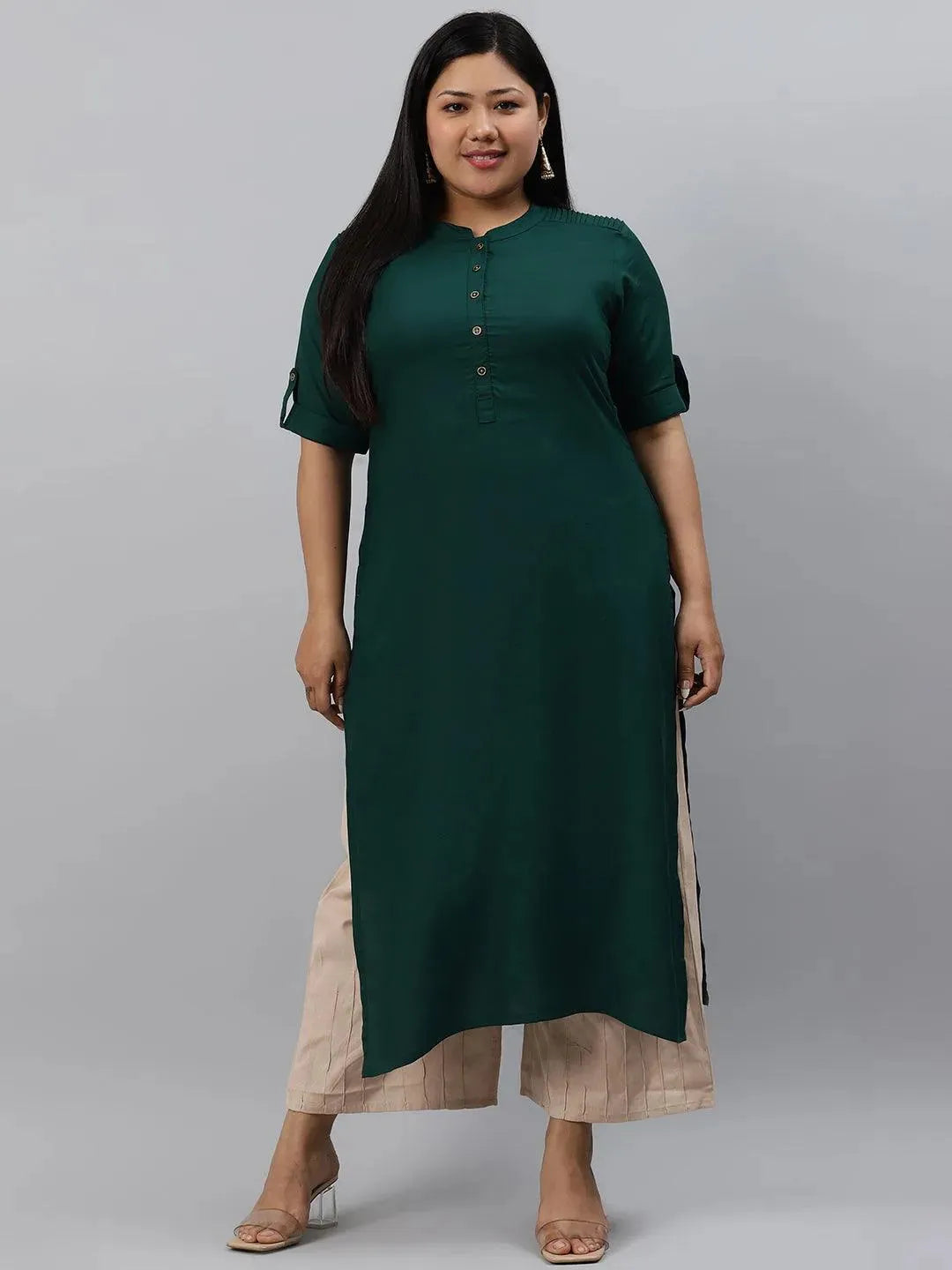 Plus Size Green Solid Rayon Kurta - Libas 