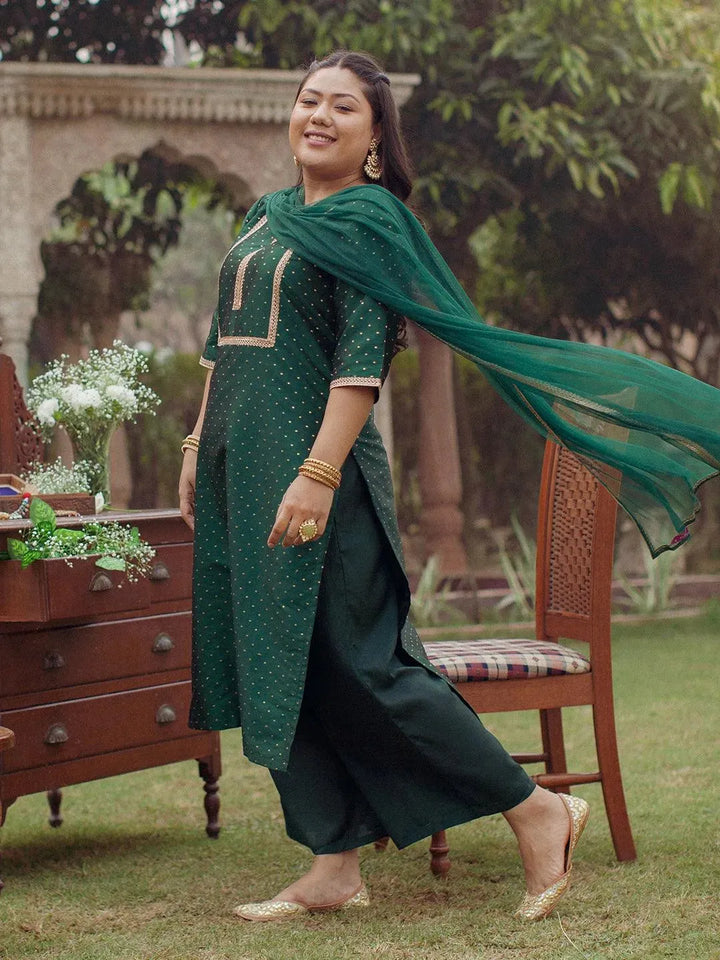 Plus Size Green Woven Design Art Silk Suit Set - Libas