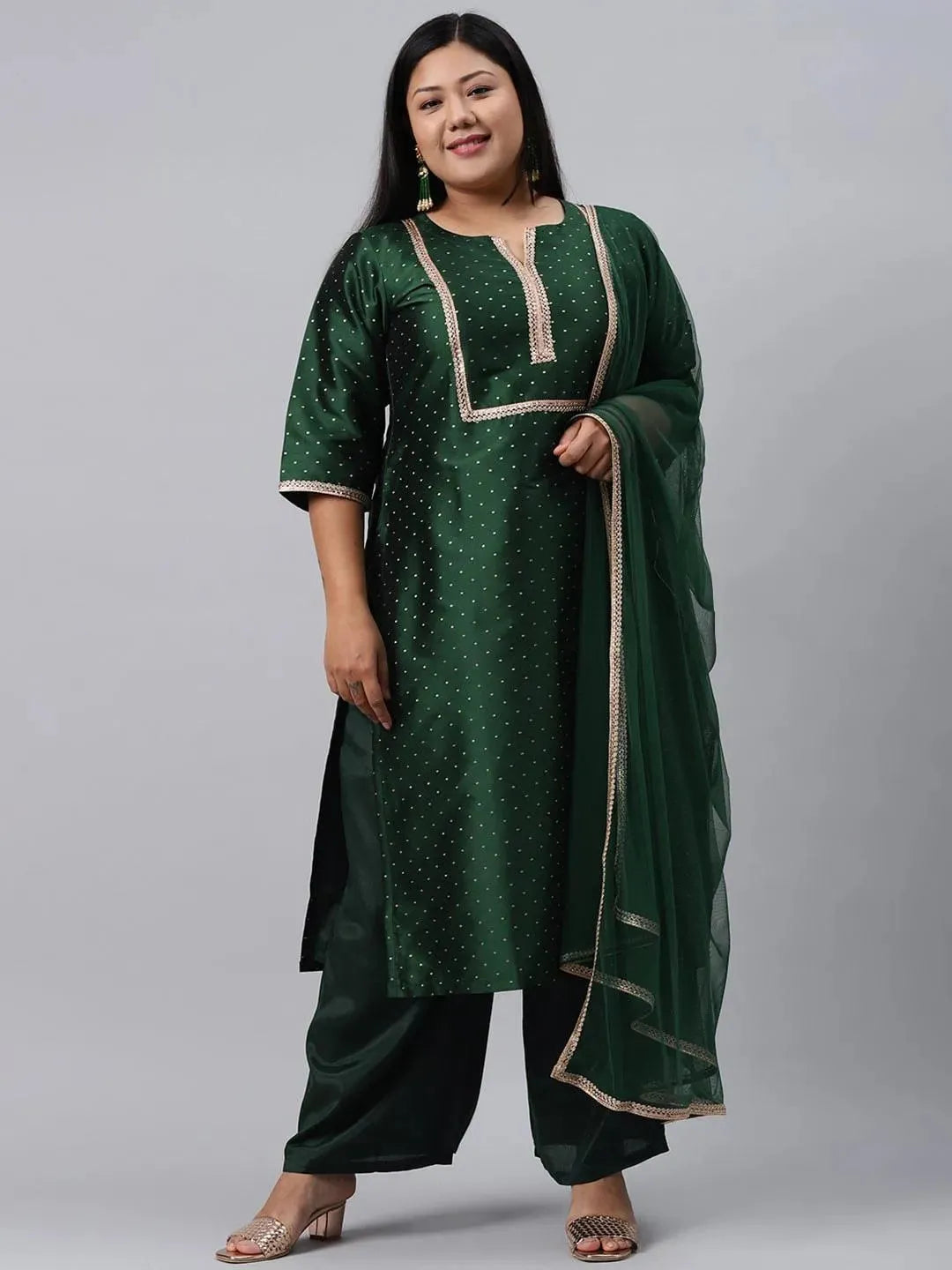 Plus Size Green Woven Design Art Silk Suit Set - Libas