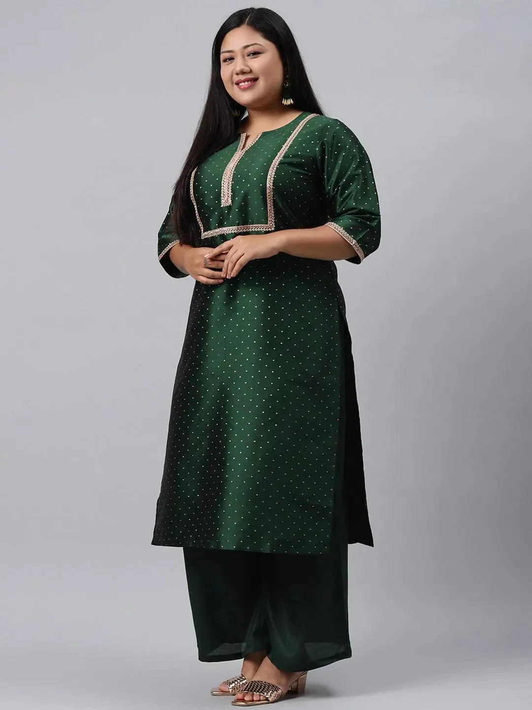 Plus Size Green Woven Design Art Silk Suit Set - Libas