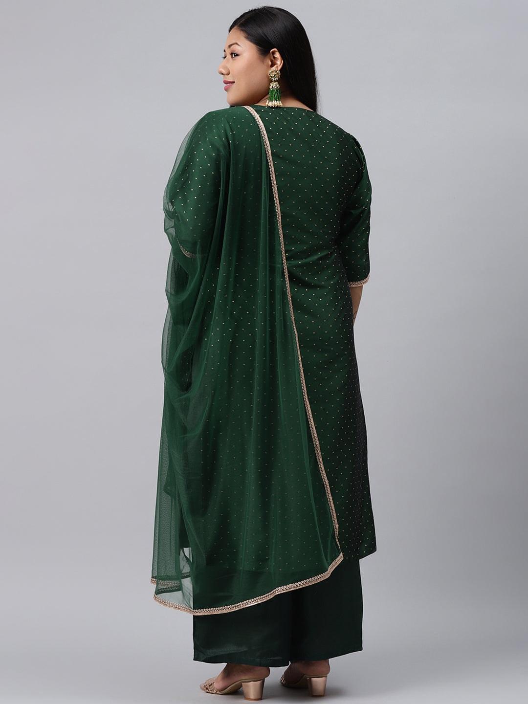Plus Size Green Woven Design Art Silk Straight Kurta With Palazzos & Dupatta
