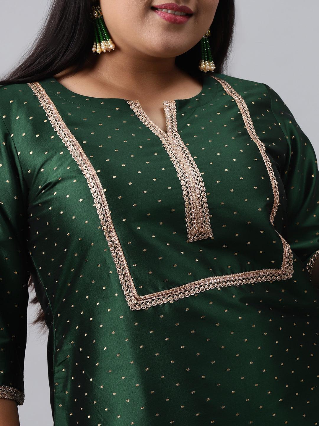 Plus Size Green Woven Design Art Silk Suit Set - Libas