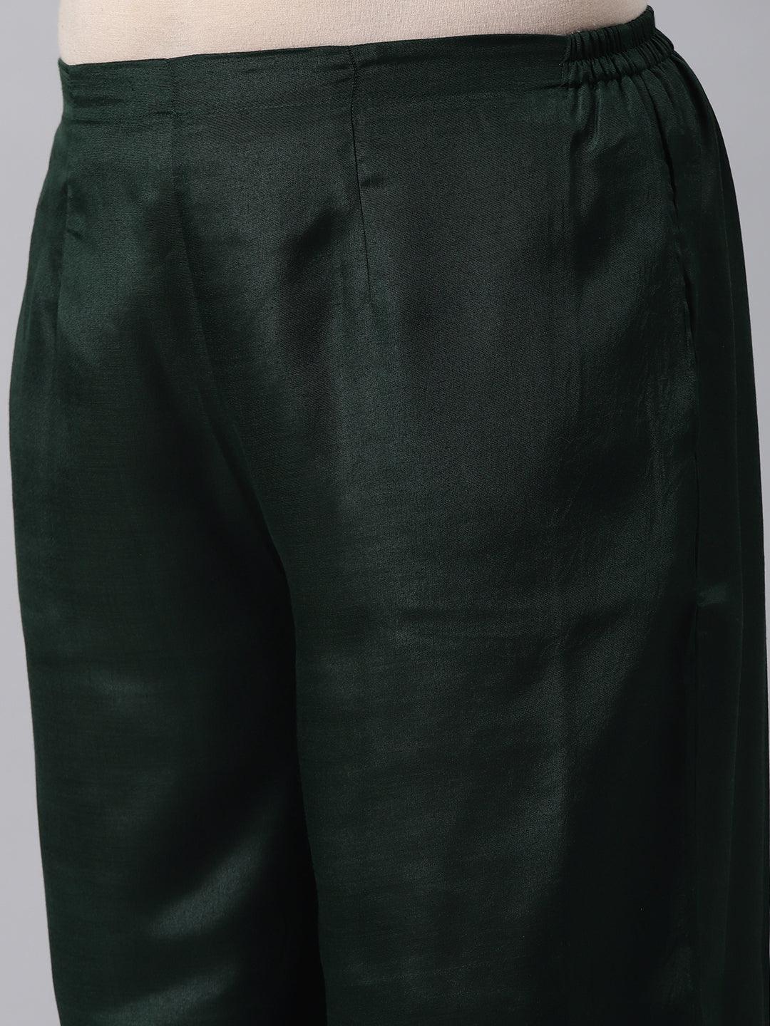 Plus Size Green Woven Design Art Silk Straight Kurta With Palazzos & Dupatta