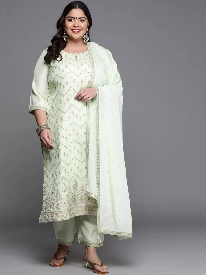 Plus Size Green Woven Design Silk Blend Suit Set - Libas