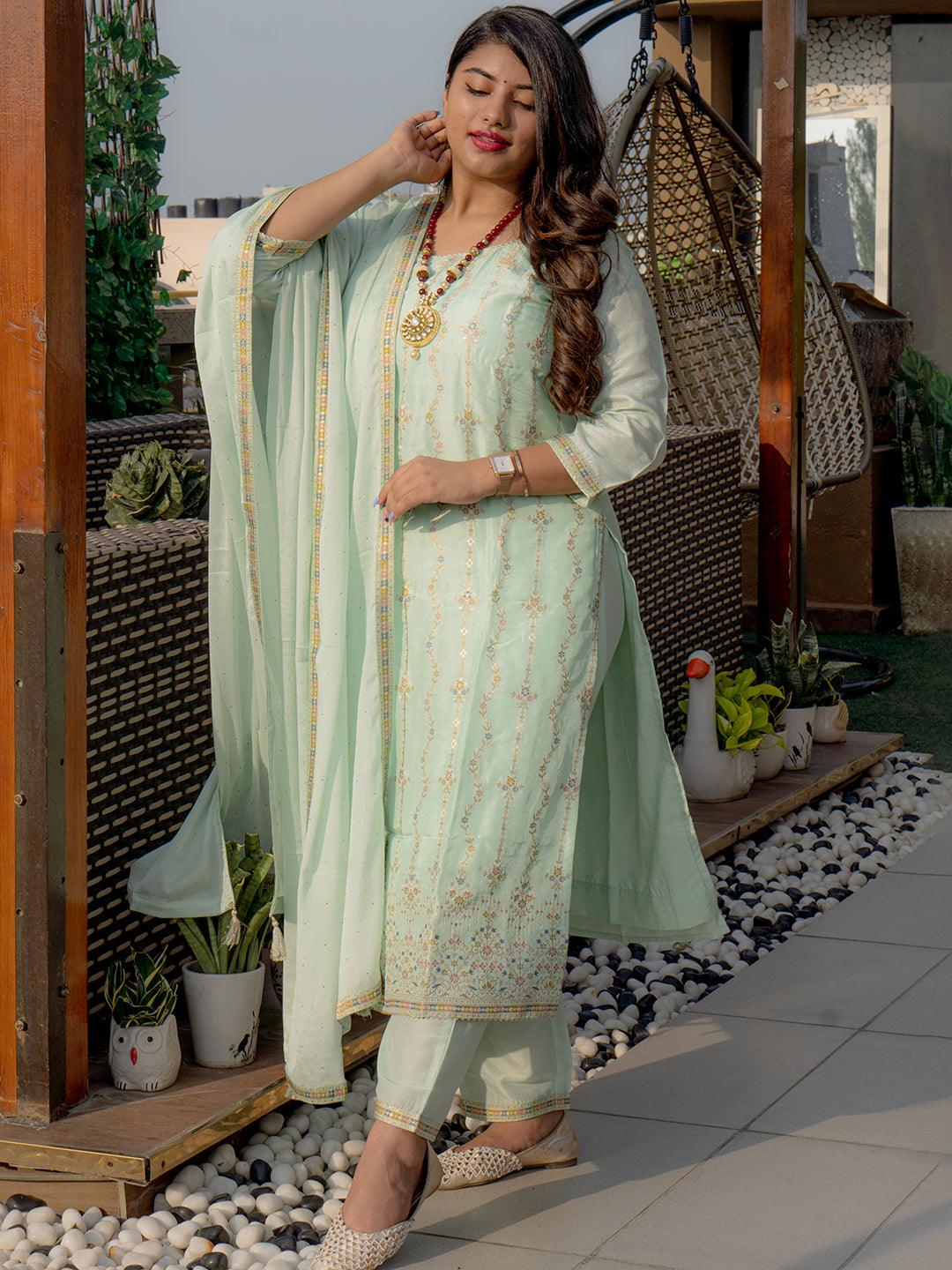 Plus Size Green Woven Design Silk Blend Straight Kurta With Dupatta