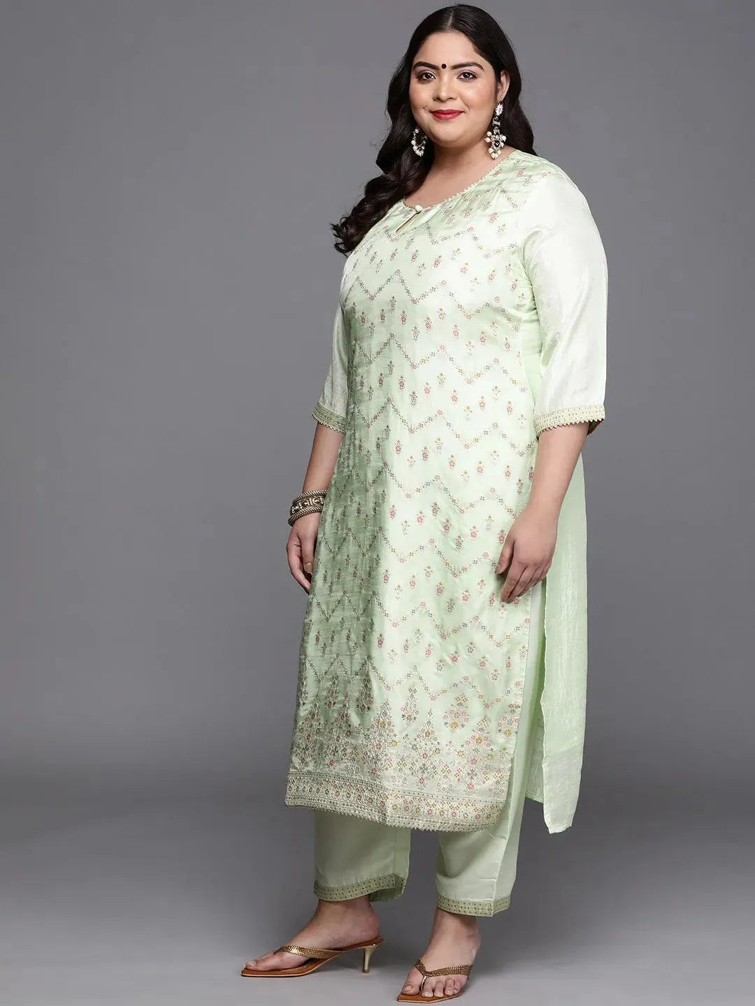 Plus Size Green Woven Design Silk Blend Suit Set - Libas 