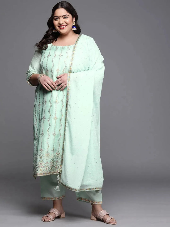 Plus Size Sea Green Woven Design Silk Blend Suit Set - Libas