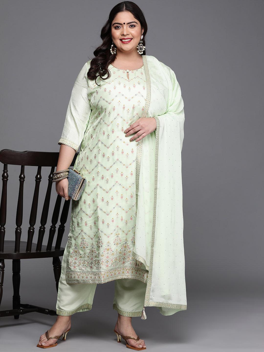 Plus Size Green Woven Design Silk Blend Straight Kurta With Dupatta