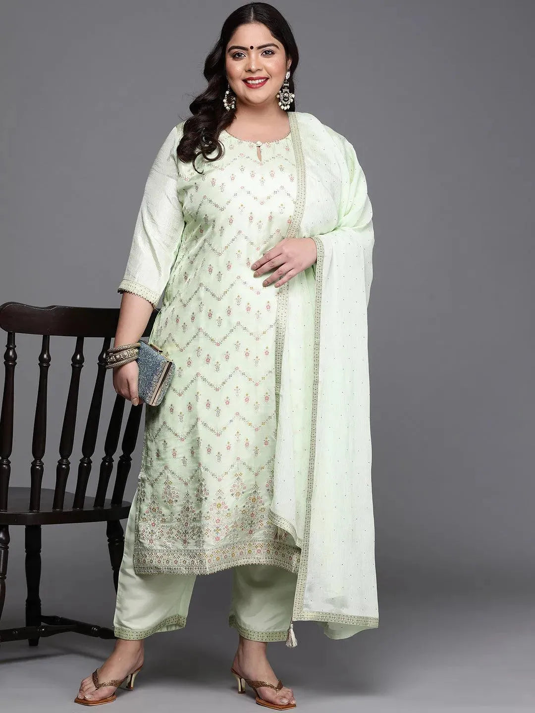 Plus Size Green Woven Design Silk Blend Suit Set - Libas