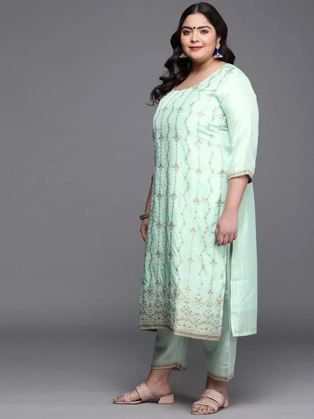 Plus Size Sea Green Woven Design Silk Blend Suit Set - Libas