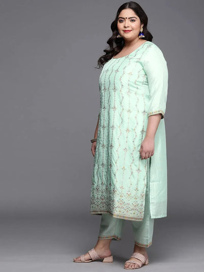Plus Size Green Woven Design Silk Blend Suit Set - Libas