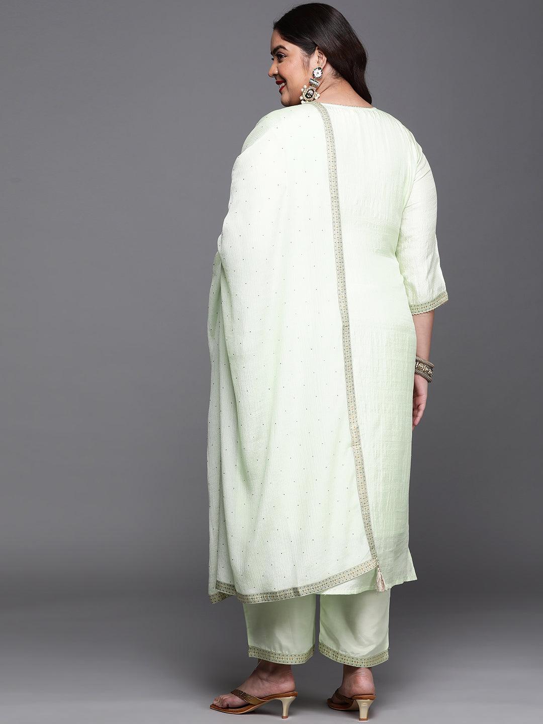 Plus Size Green Woven Design Silk Blend Suit Set - Libas