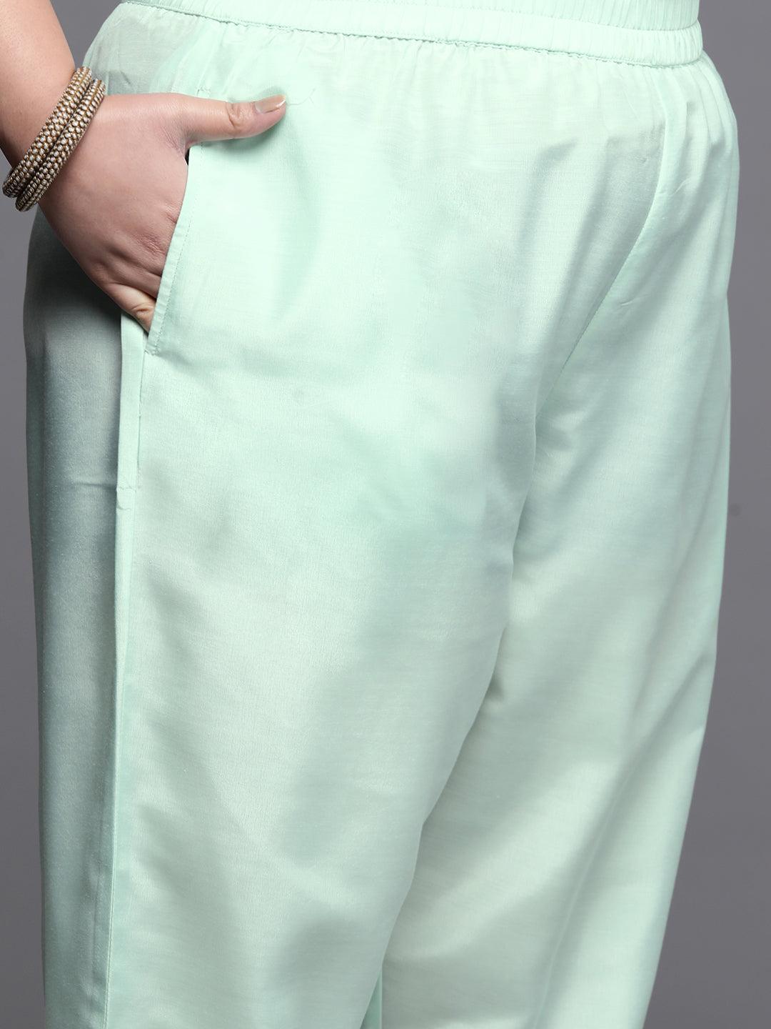 Plus Size Sea Green Woven Design Silk Blend Suit Set - Libas