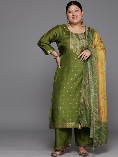 Plus Size Green Woven Design Silk Blend Straight Suit Set - Libas