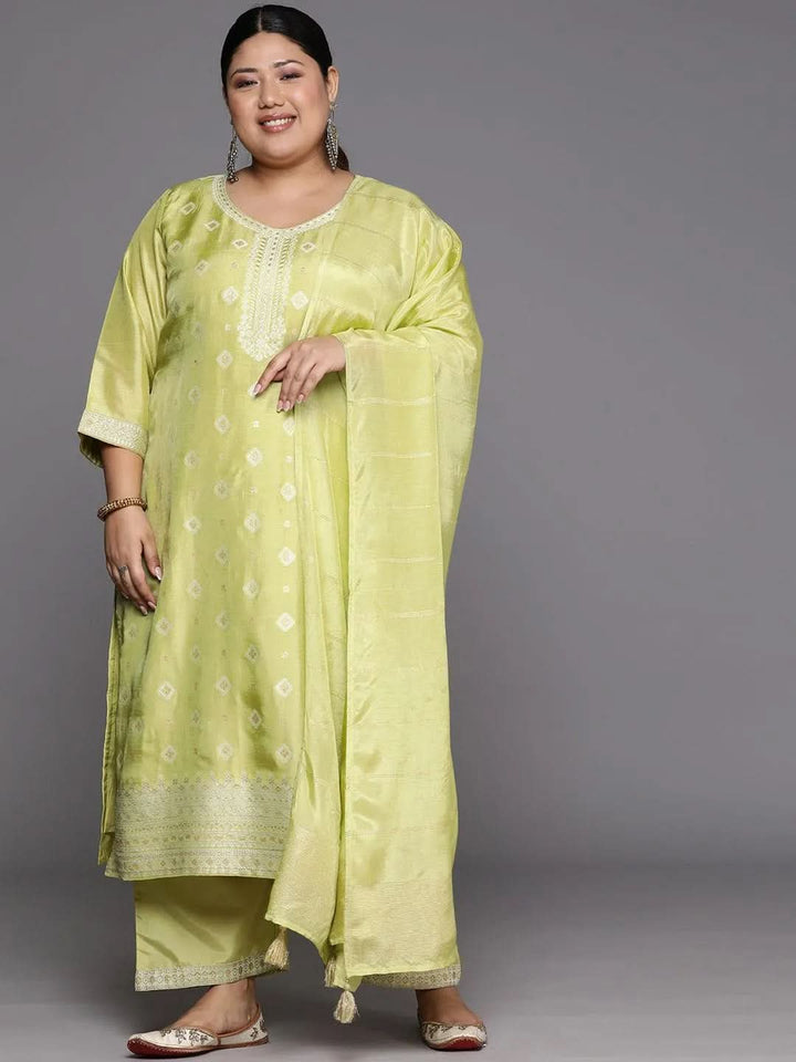 Plus Size Green Woven Design Silk Blend Straight Suit Set - Libas