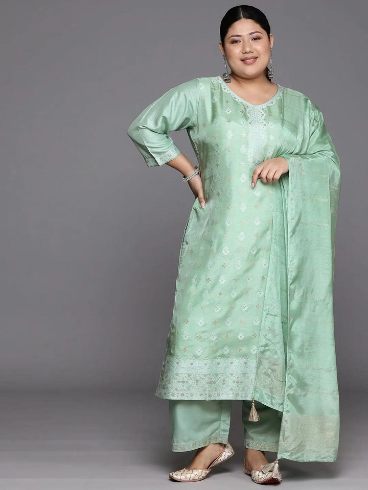 Plus Size Green Woven Design Silk Blend Straight Suit Set - Libas