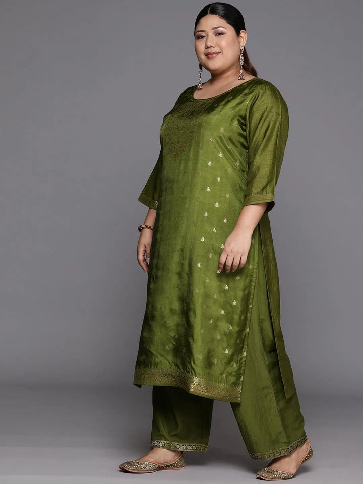 Plus Size Green Woven Design Silk Blend Straight Suit Set - Libas