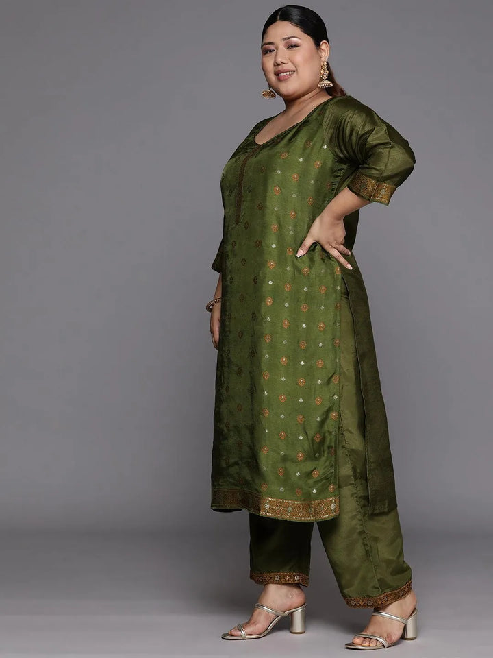 Plus Size Green Woven Design Silk Blend Straight Suit Set - Libas