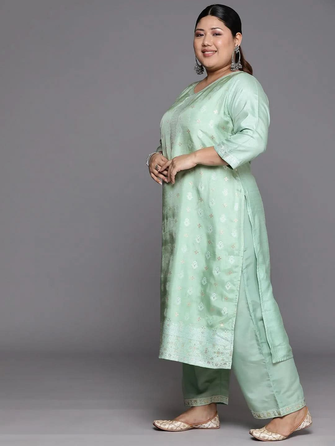 Plus Size Green Woven Design Silk Blend Straight Suit Set - Libas