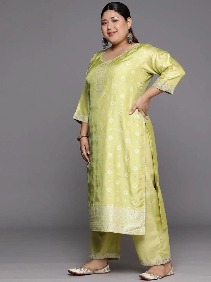 Plus Size Green Woven Design Silk Blend Straight Suit Set - Libas