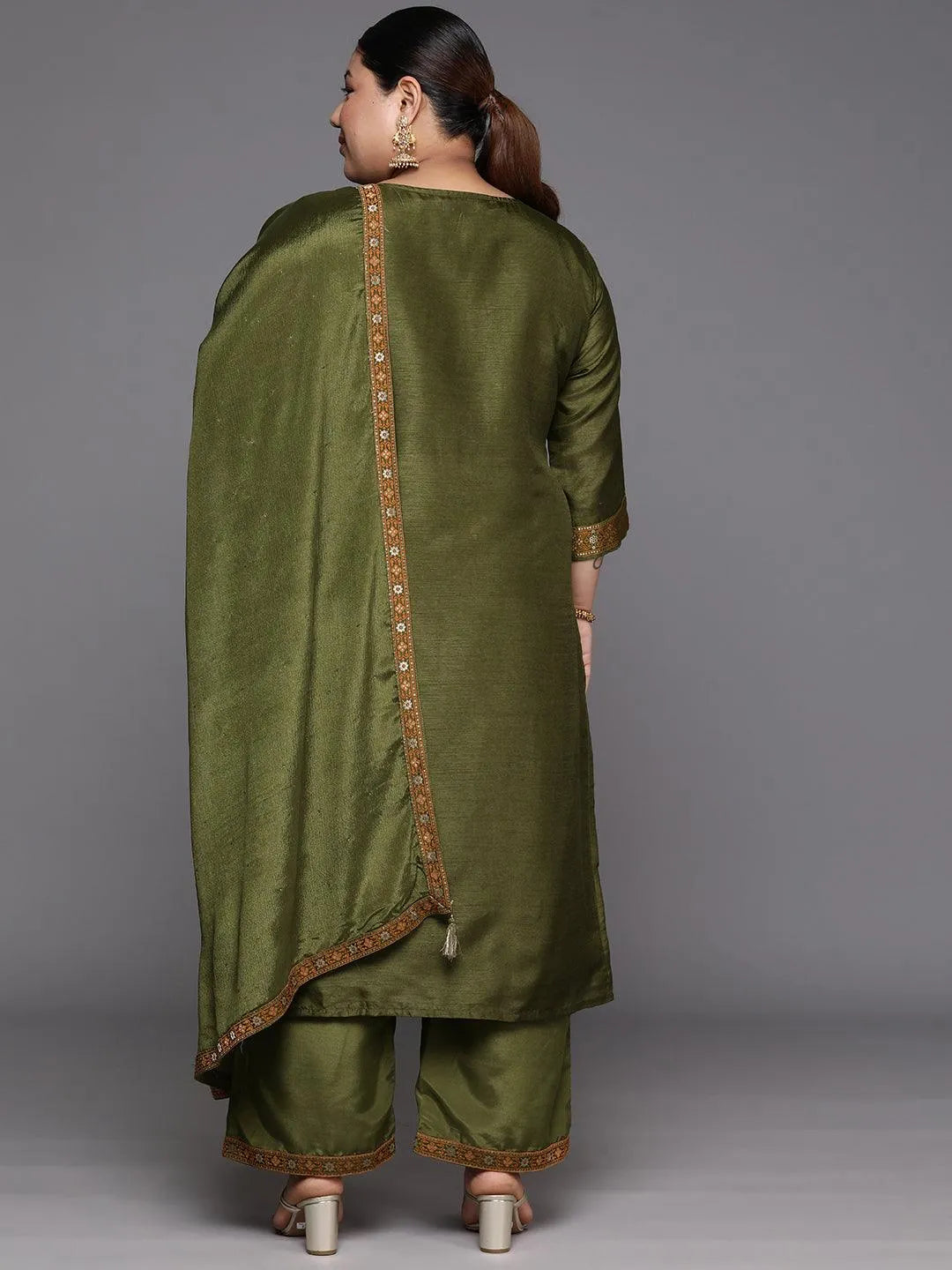 Plus Size Green Woven Design Silk Blend Straight Suit Set - Libas 