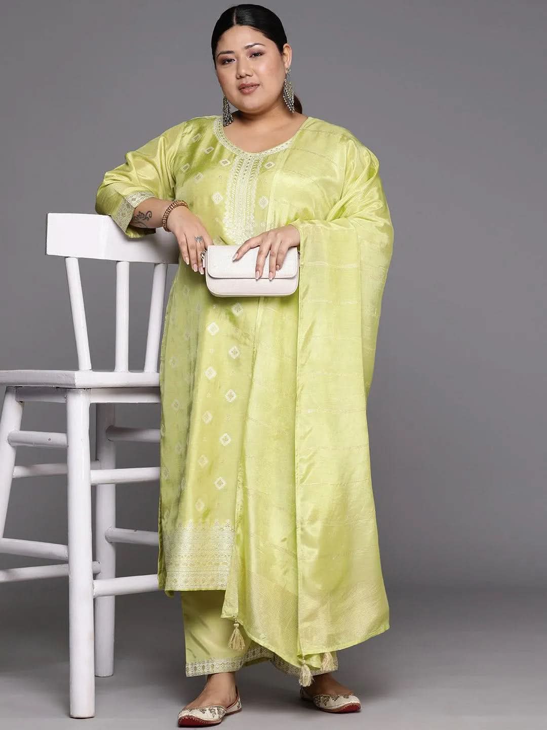 Plus Size Green Woven Design Silk Blend Straight Suit Set - Libas 
