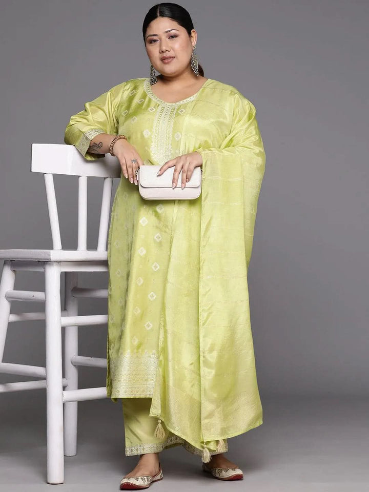 Plus Size Green Woven Design Silk Blend Straight Suit Set - Libas