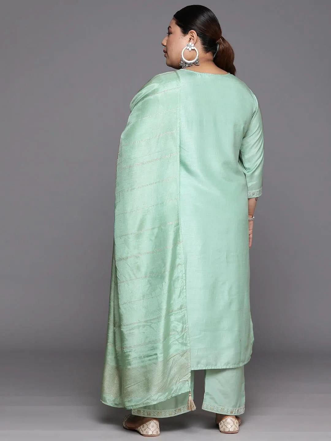 Plus Size Green Woven Design Silk Blend Straight Suit Set - Libas 