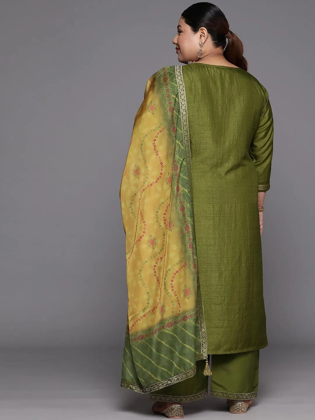 Plus Size Green Woven Design Silk Blend Straight Suit Set - Libas 