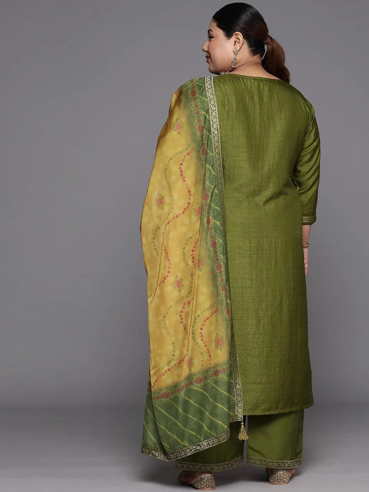 Plus Size Green Woven Design Silk Blend Straight Suit Set - Libas