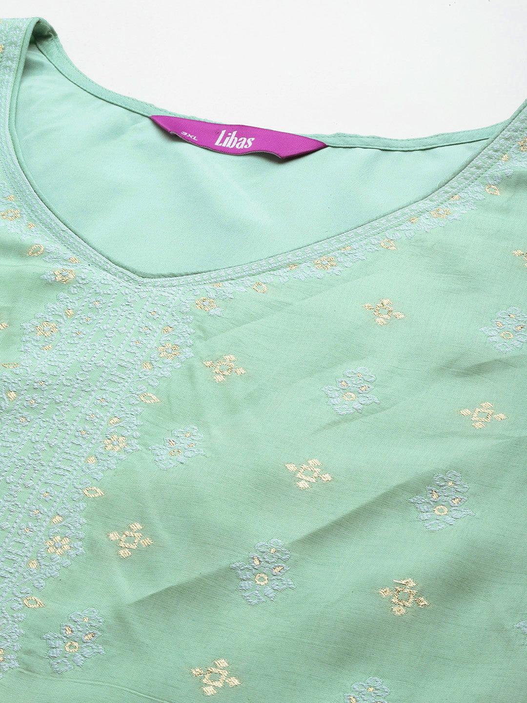 Plus Size Green Woven Design Silk Blend Straight Kurta With Trousers & Dupatta