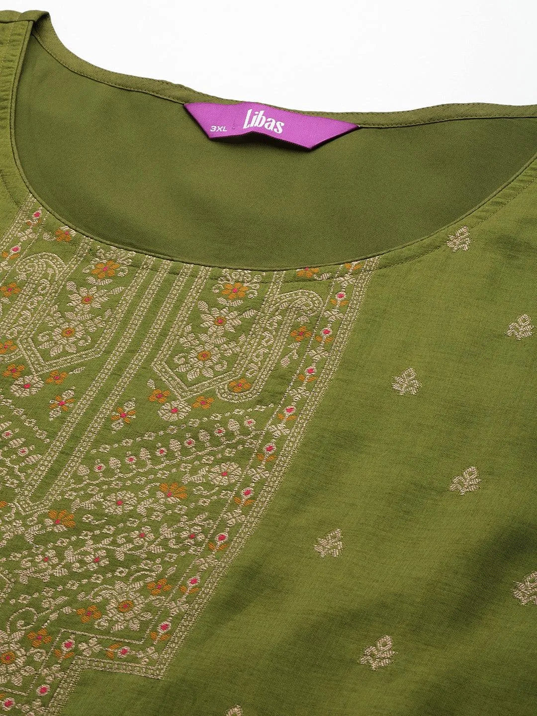 Plus Size Green Woven Design Silk Blend Straight Suit Set - Libas 