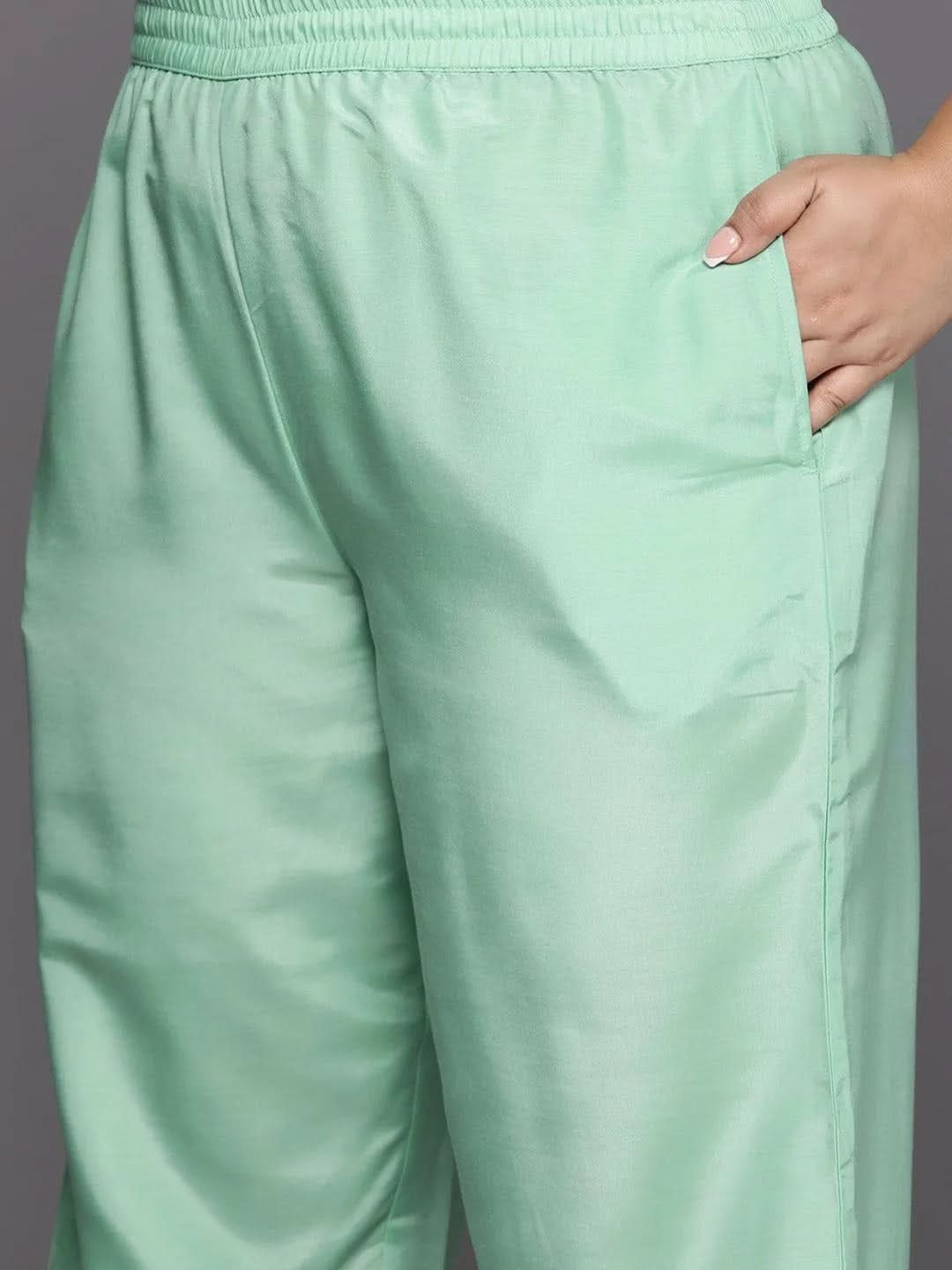 Plus Size Green Woven Design Silk Blend Straight Suit Set - Libas 