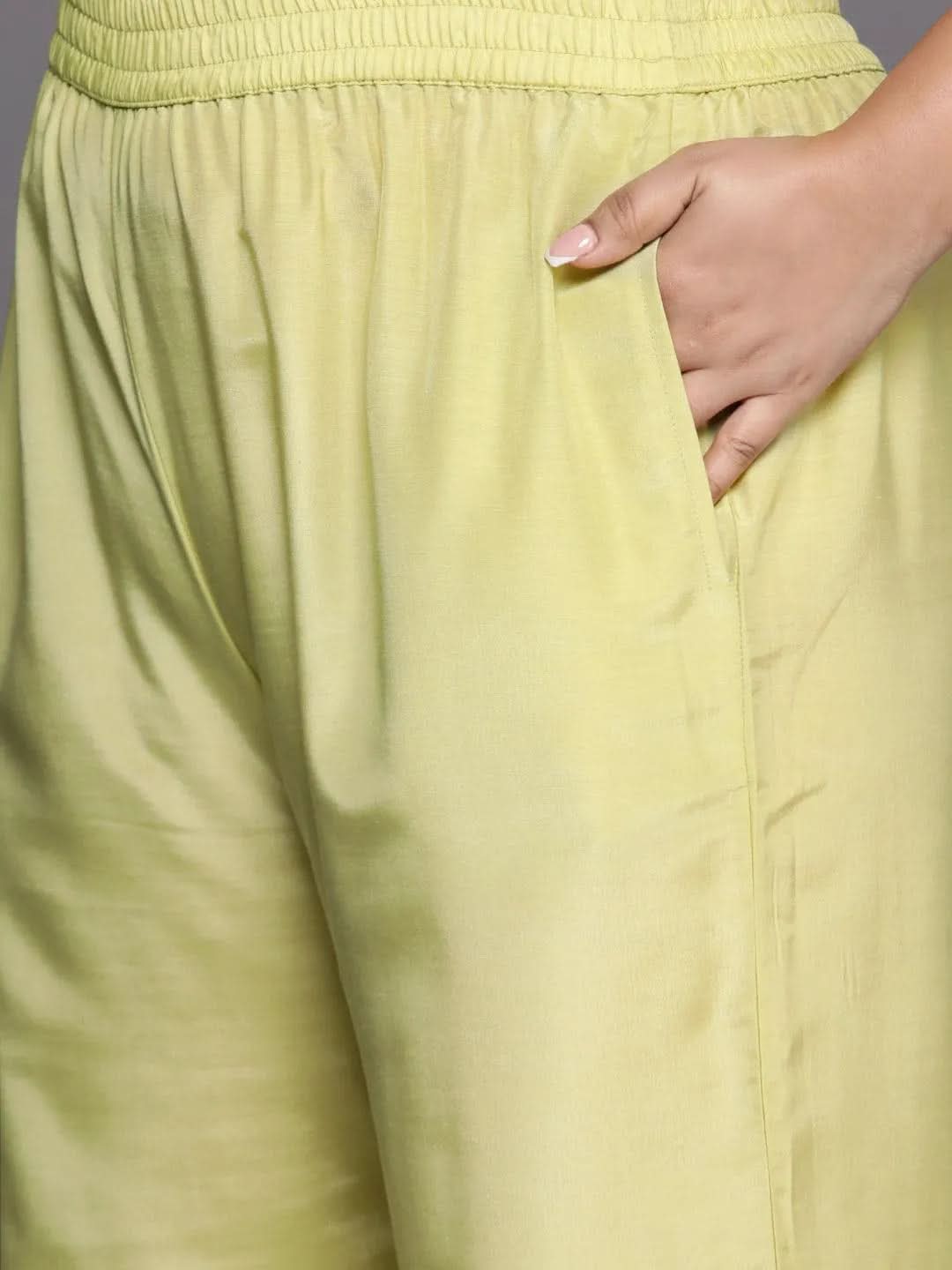 Plus Size Green Woven Design Silk Blend Straight Suit Set - Libas 