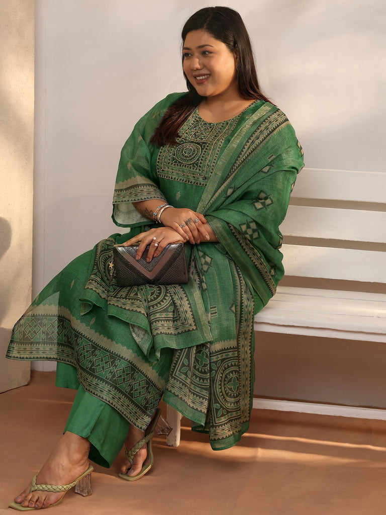 Plus Size Green Woven Design Silk blend Straight Suit Set With Dupatta