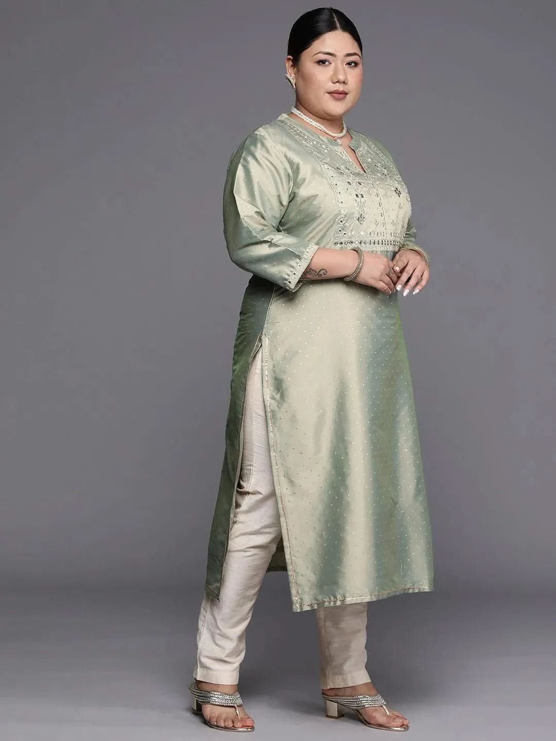 Plus Size Green Yoke Design Art Silk Straight Kurta - Libas 