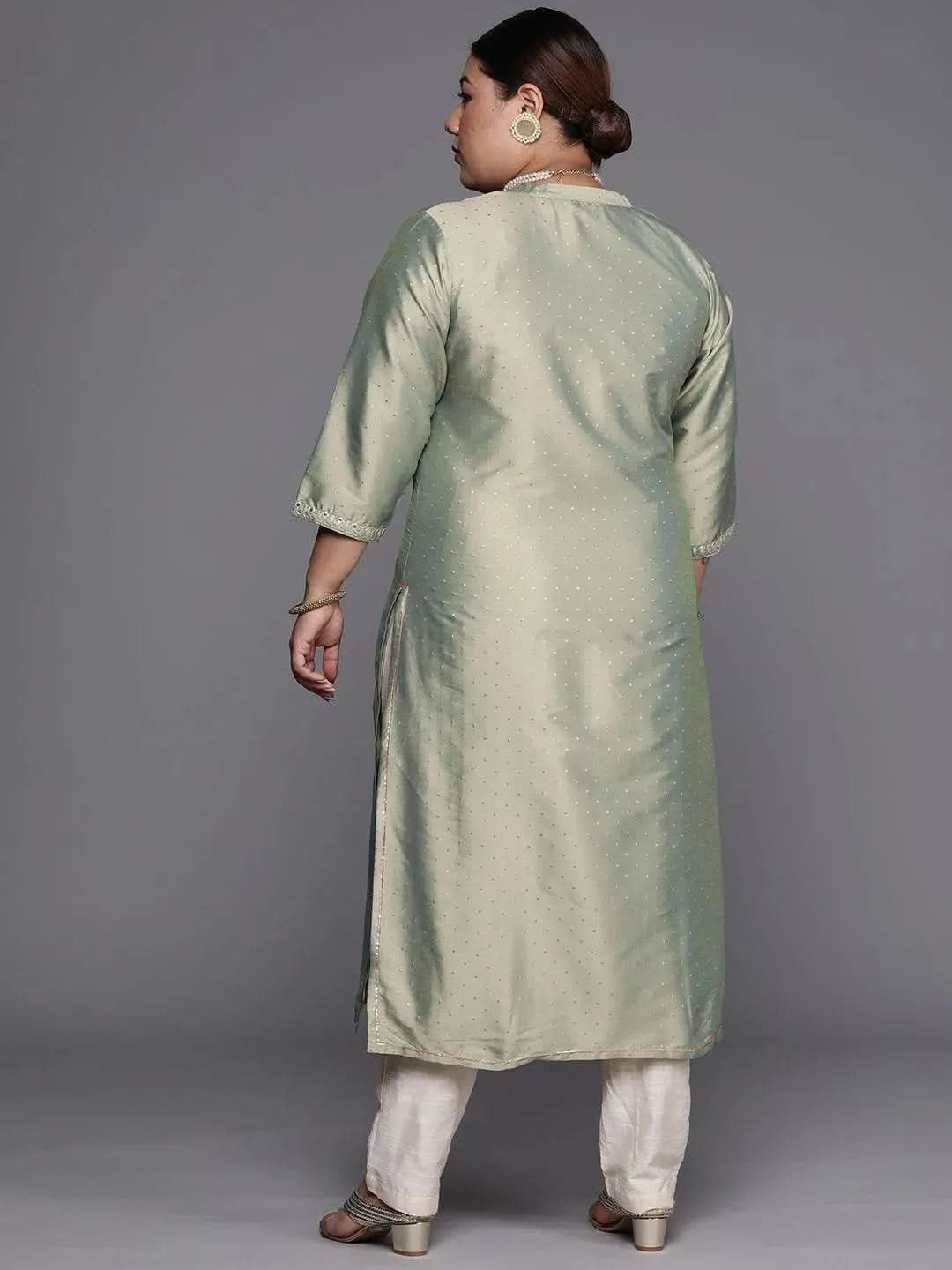 Plus Size Green Yoke Design Art Silk Straight Kurta - Libas 