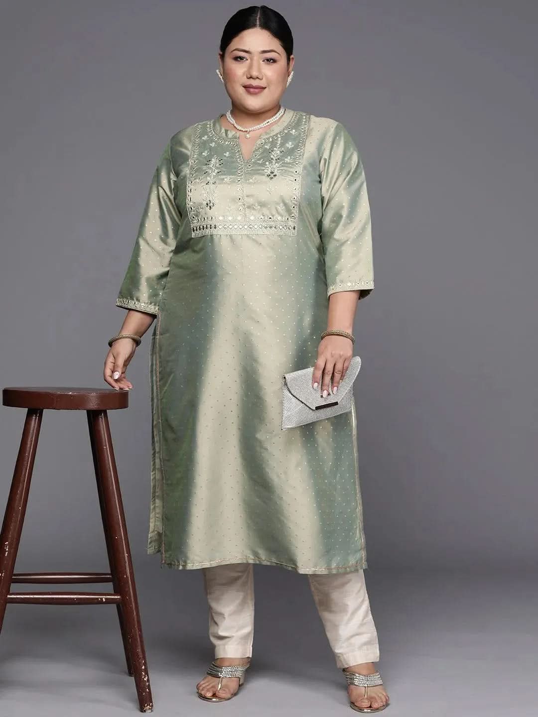 Plus Size Green Yoke Design Art Silk Straight Kurta - Libas 
