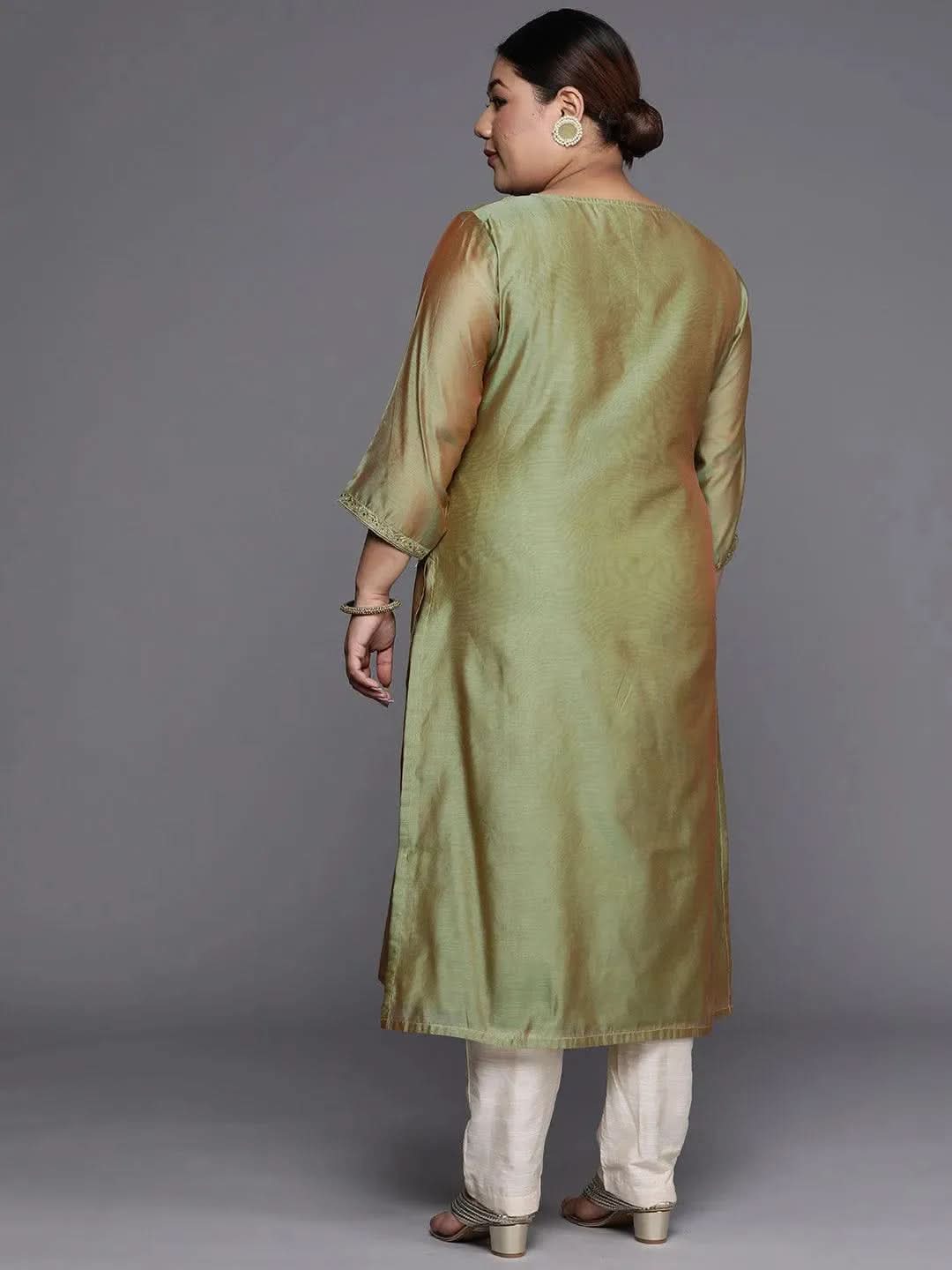 Plus Size Green Yoke Design Chanderi Cotton Straight Kurta - Libas 