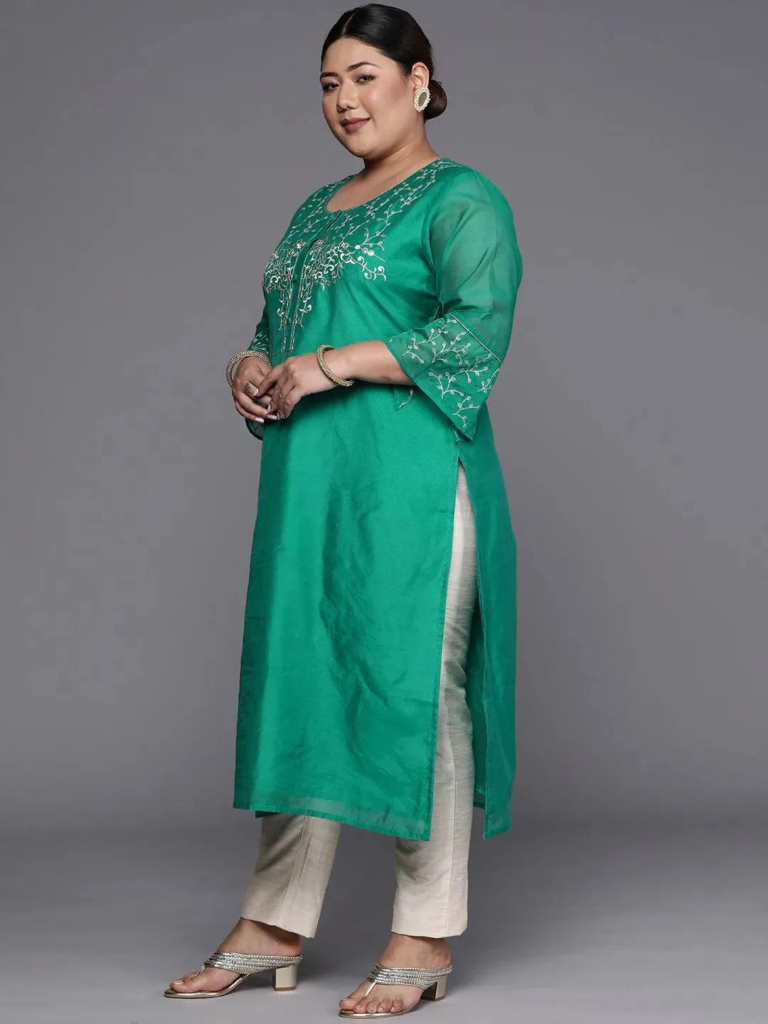 Plus Size Green Yoke Design Chanderi Silk Straight Kurta - Libas