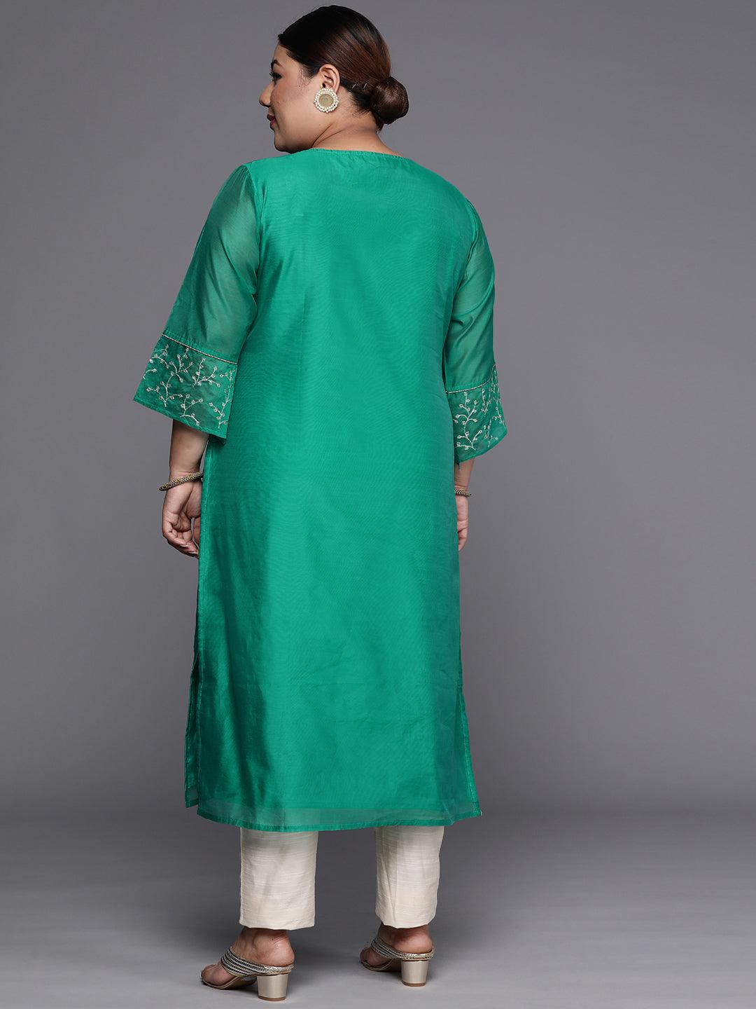 Plus Size Green Yoke Design Chanderi Silk Straight Kurta - Libas