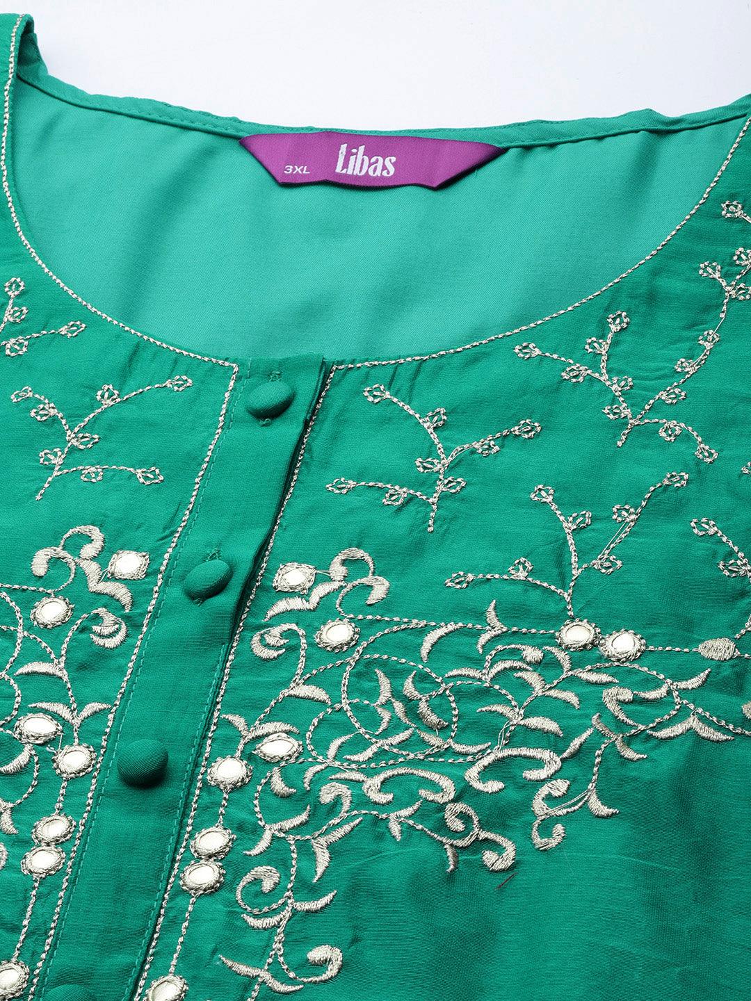 Plus Size Green Yoke Design Chanderi Silk Straight Kurta - Libas