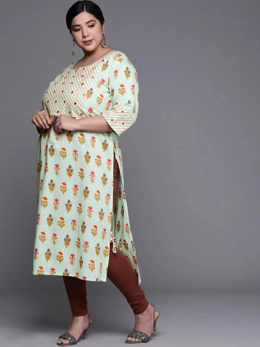 Plus Size Green Yoke Design Cotton Kurta - Libas 