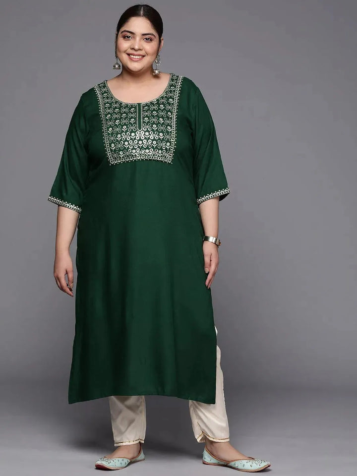 Plus Size Green Yoke Design Rayon Straight Kurta - Libas