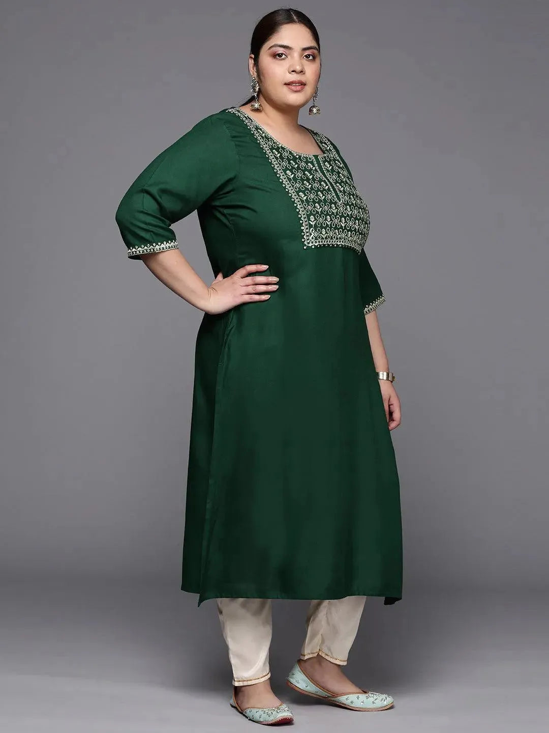 Plus Size Green Yoke Design Rayon Straight Kurta - Libas