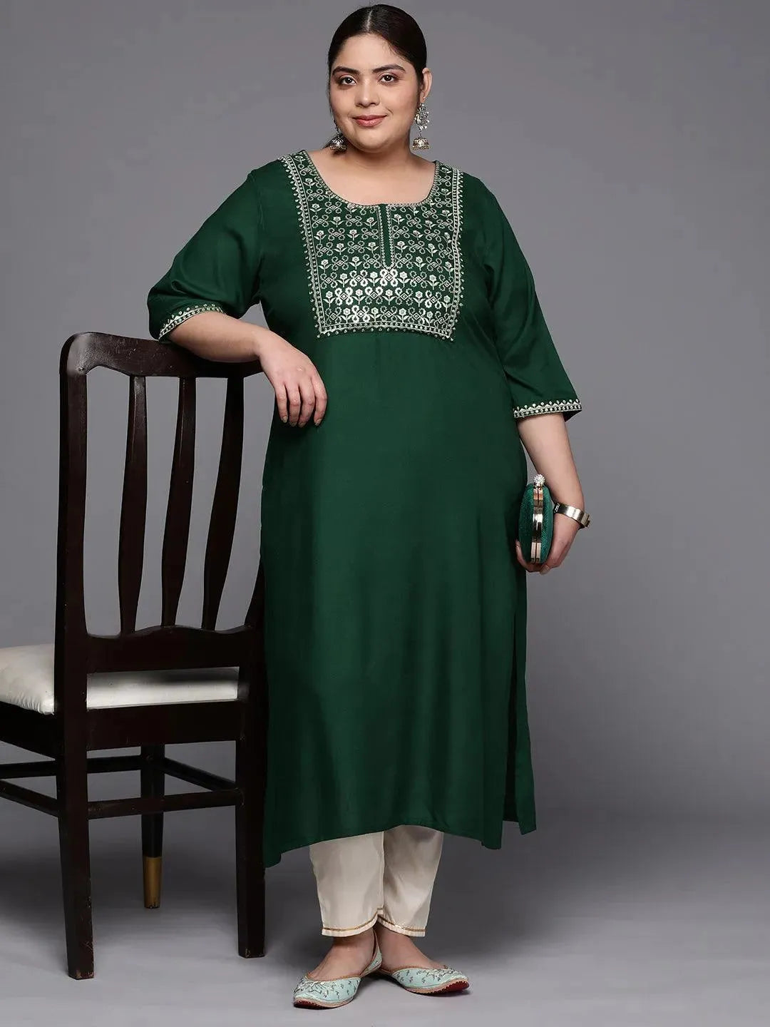 Plus Size Green Yoke Design Rayon Straight Kurta - Libas 